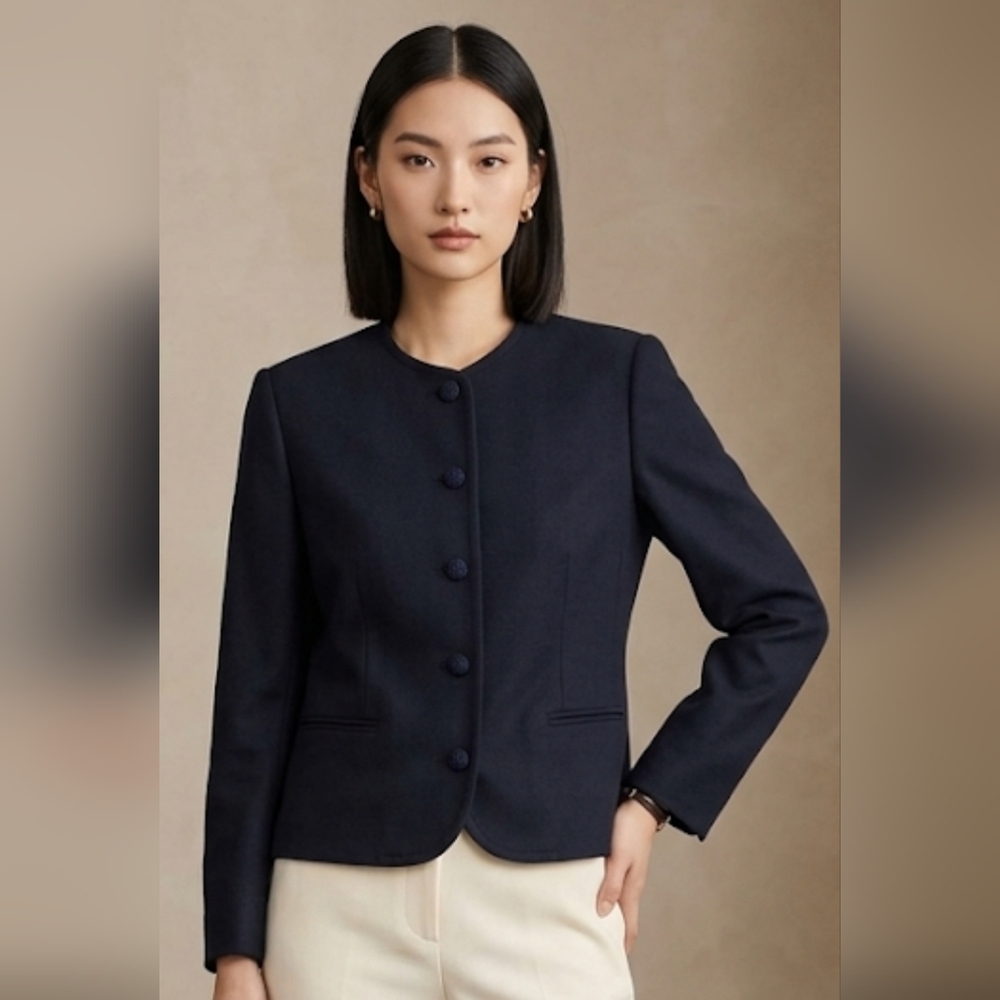 Vintage Ascot Tokyo Style Blue Crewneck Button-Front Blazer Jacke P2P 12